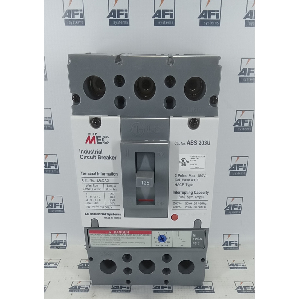 LG ABS-203U-125A MOLDED CASE CIRCUIT BREAKER. 125AMP. 3 POLE. 480V. HACR TYPE.