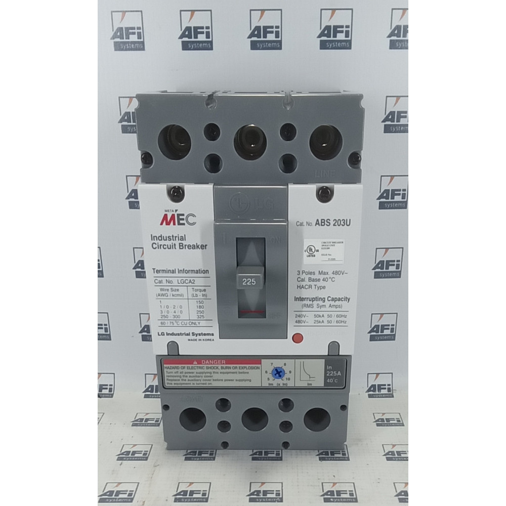 LG ABS-203U-225A MOLDED CASE CIRCUIT BREAKER. 225AMP. 3 POLE. 480V. HACR TYPE.