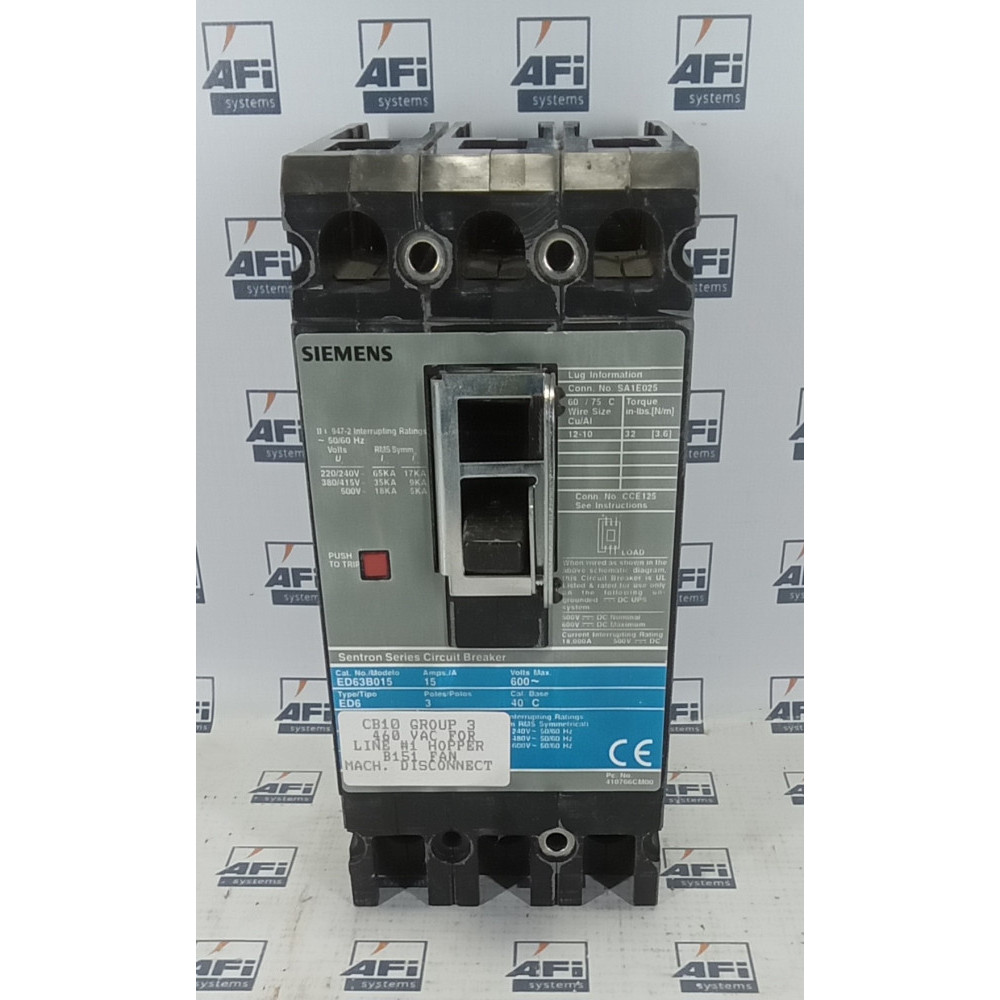 Siemens ED63B015 SENTRON SERIES CIRCUIT BREAKER. 3 POLE. 600V. 15A. TYPE ED6