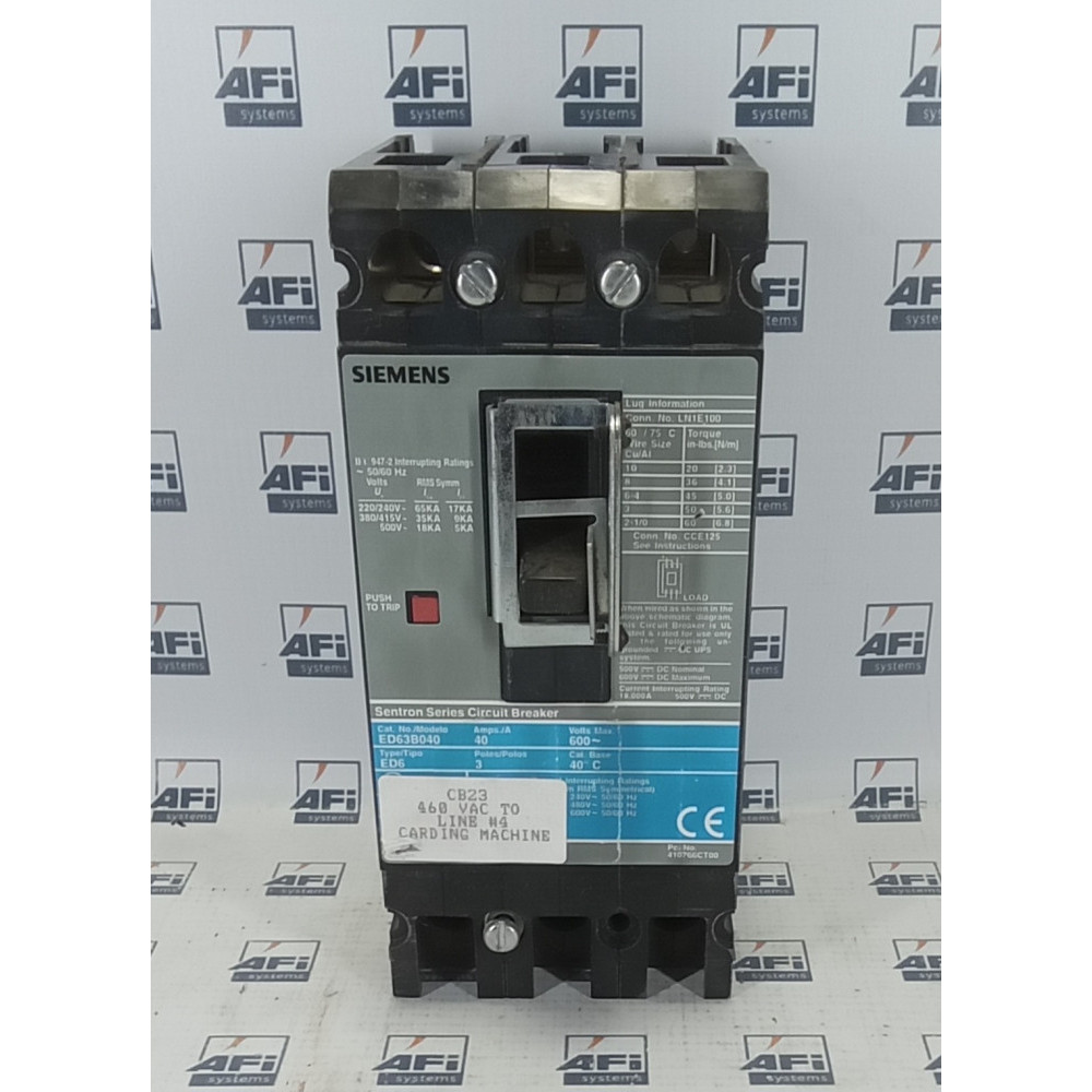  SIEMENS ED63B040 SENTRON SERIES CIRCUIT BREAKER. 3 POLE. 3 PHASE. 600V. 40A.