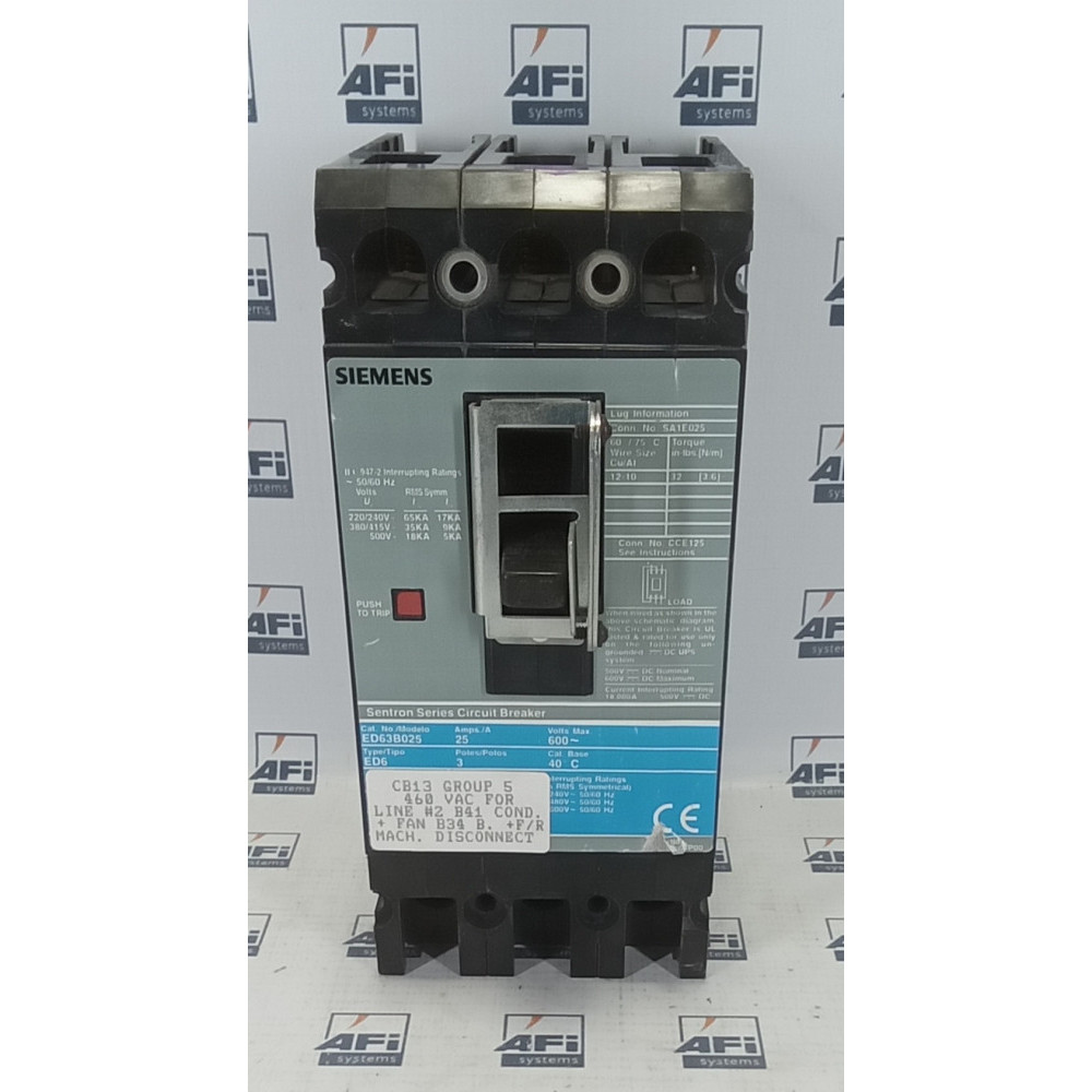  SIEMENS ED63B025 SENTRON SERIES CIRCUIT BREAKER. 3 POLE. 600V. 25A.