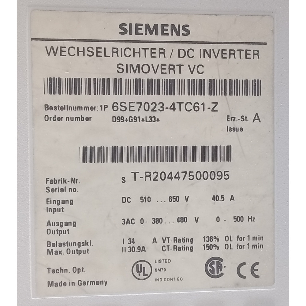 Simovert 15kW Vector Controller 34A, 510-650VDC