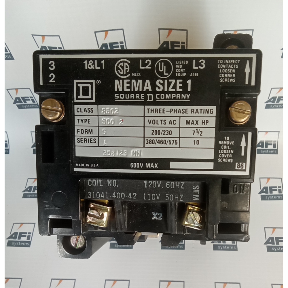 Square D 8502-SC02 SIZE FORM S SER A NEMA SIZE1 CONTACTOR