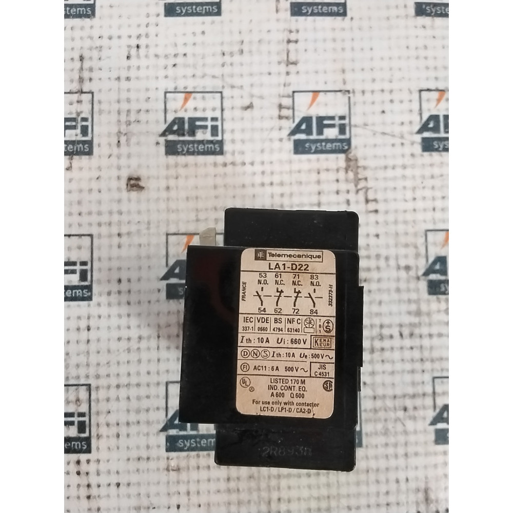 SCHNEIDER ELECTRIC TELEMECANIQUE LA1-D22 DISCONTINUED BY MANUFACTURER  AUXILIARY CONTACT  10 AMP  660 VAC  2NO/2NC  FRONT MOUNT