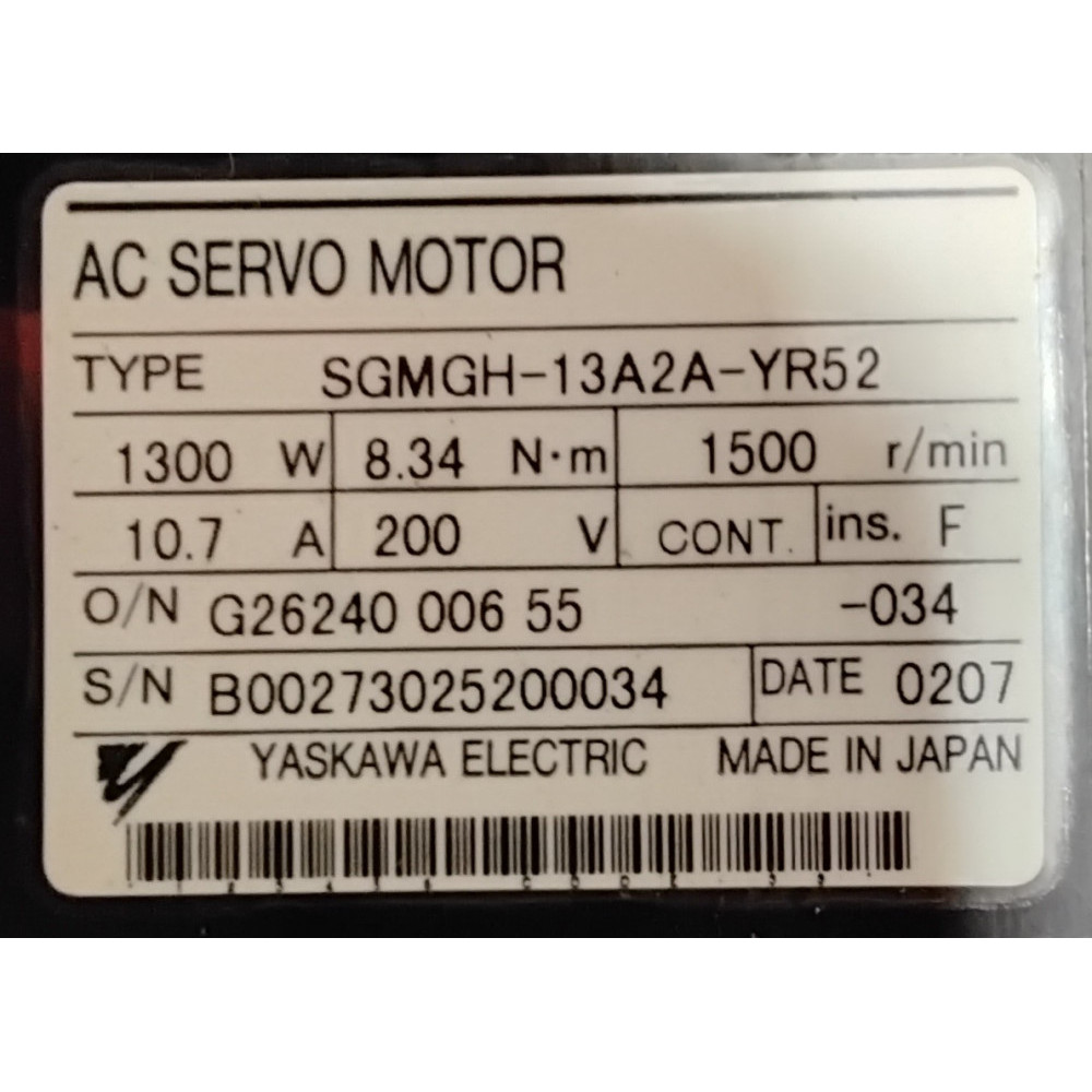 Yaskawa SGMGH-13A2A-YR52 SERVO MOTOR 1.3KW 1500RPM 20VAC